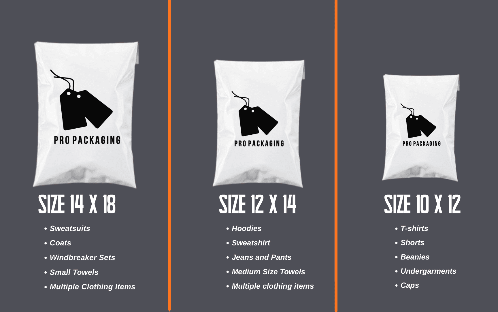Custom poly mailer size guide — 10x12, 12x14 and 14x18 inch sizes for clothing brands — Pro Packaging