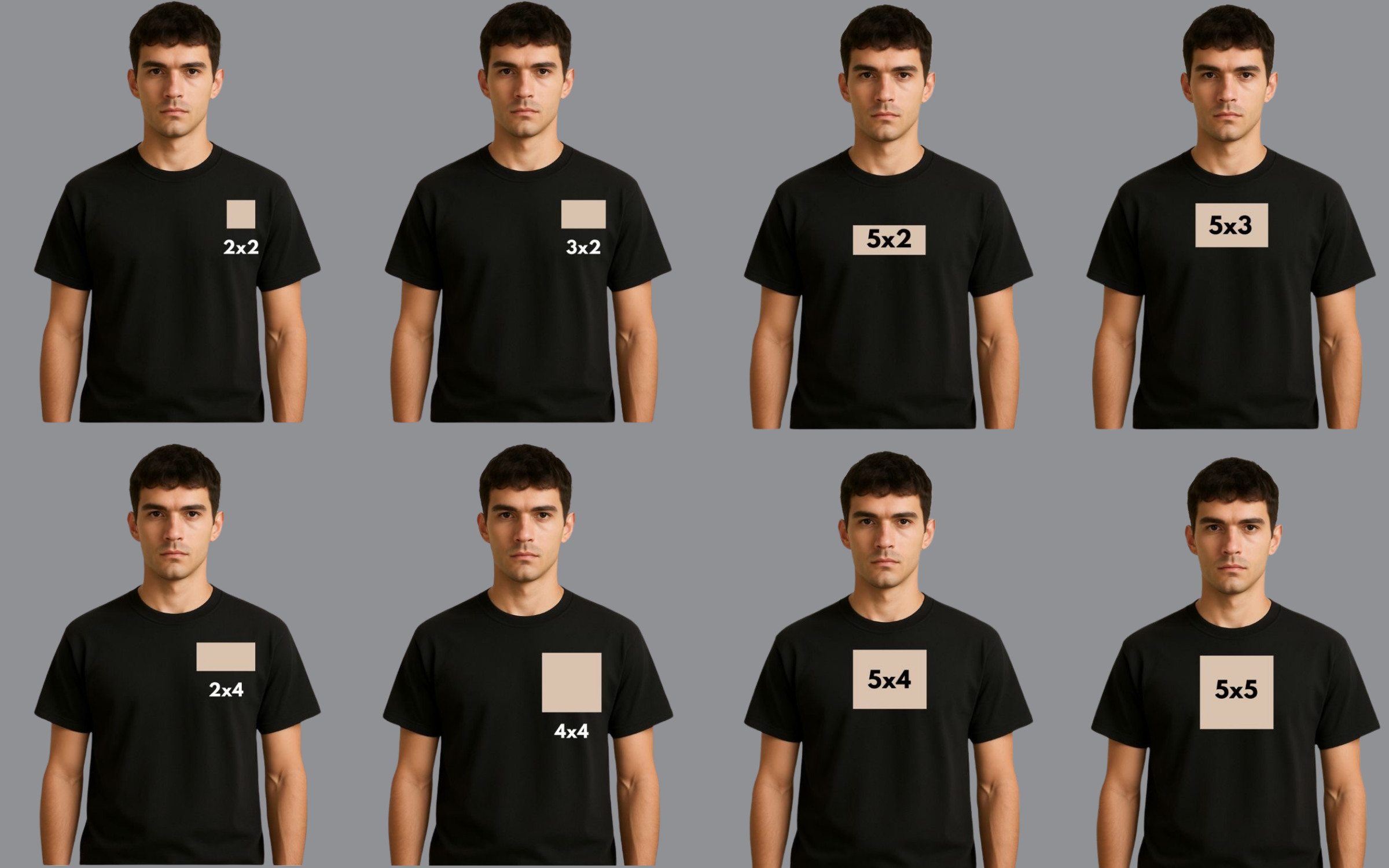 High density heat transfer sizes on human mockup — centre chest, left chest, medium front and large front — Pro Packaging