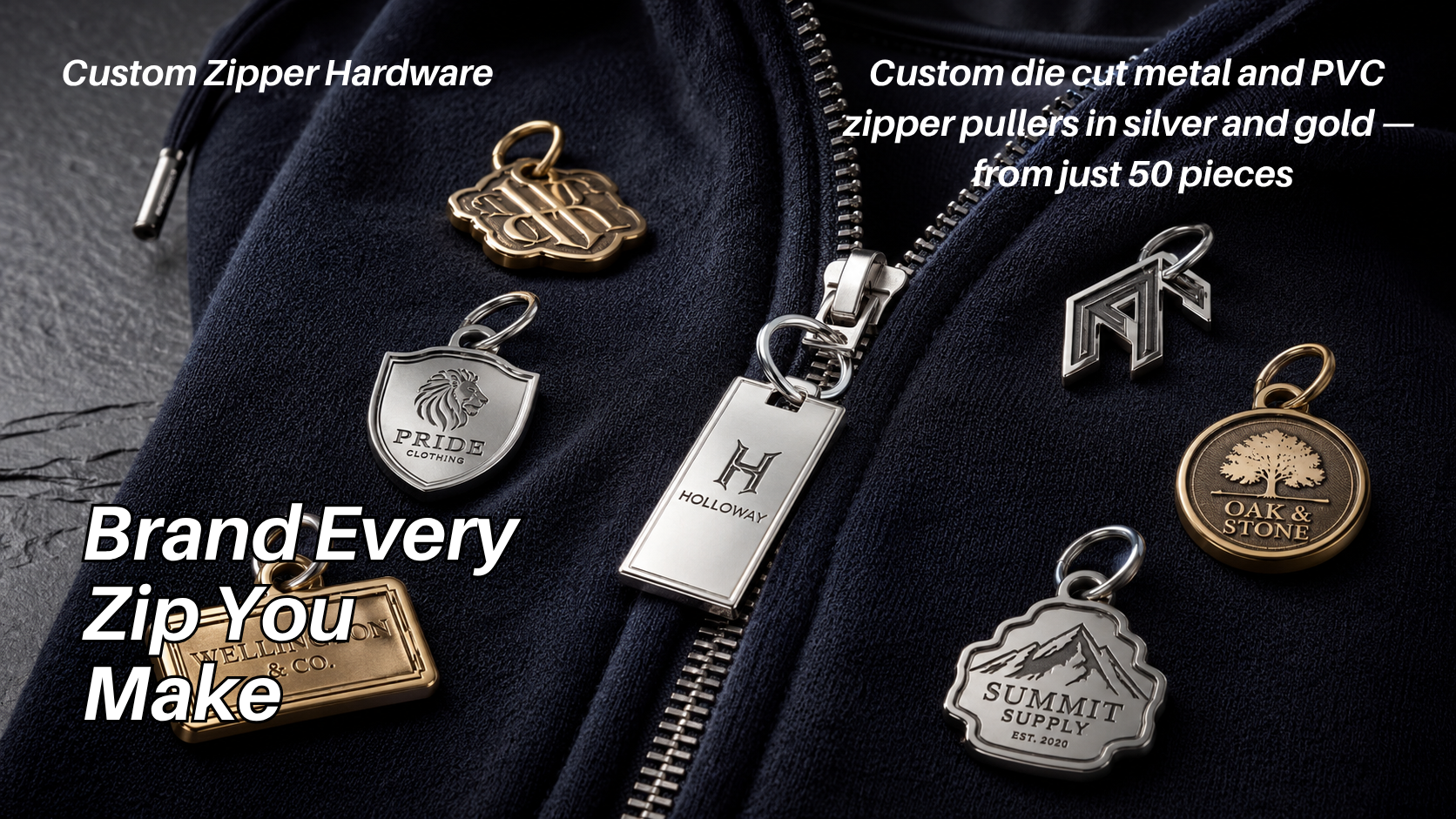 Multiple custom die cut metal zipper pullers in silver and gold with brand logos displayed on navy blue jacket zipper