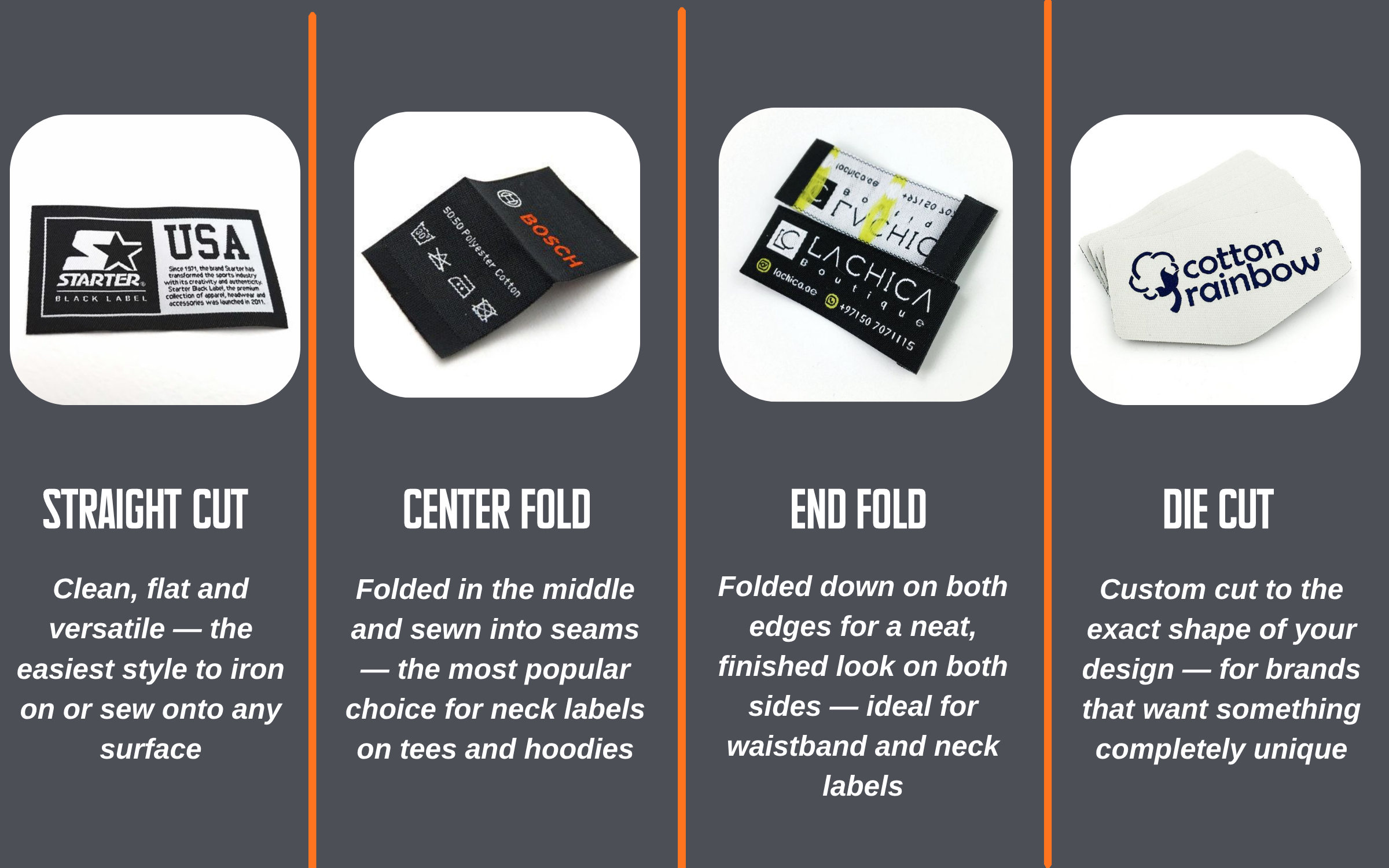 Custom woven label styles — straight cut, centre fold, end fold and die cut — Pro Packaging