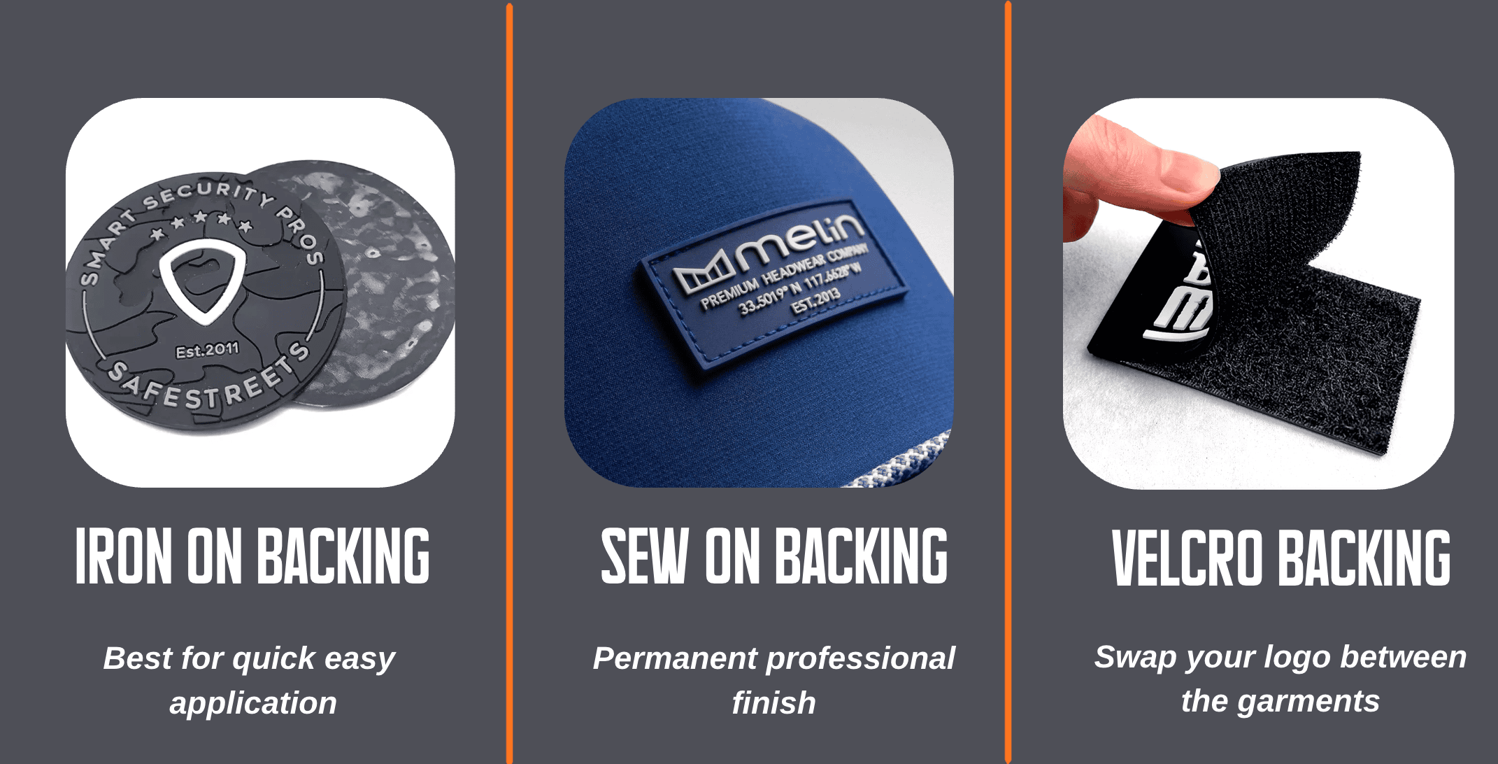 Custom rubber logo backing options — iron-on, sew-on and velcro backing for PVC and silicone rubber logos — Pro Packaging