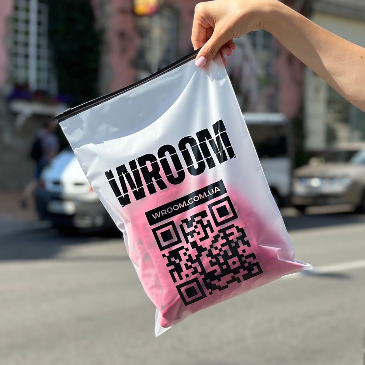 Custom printed zipper bag with QR code branding for clothing brand Wroom — Pro Packaging