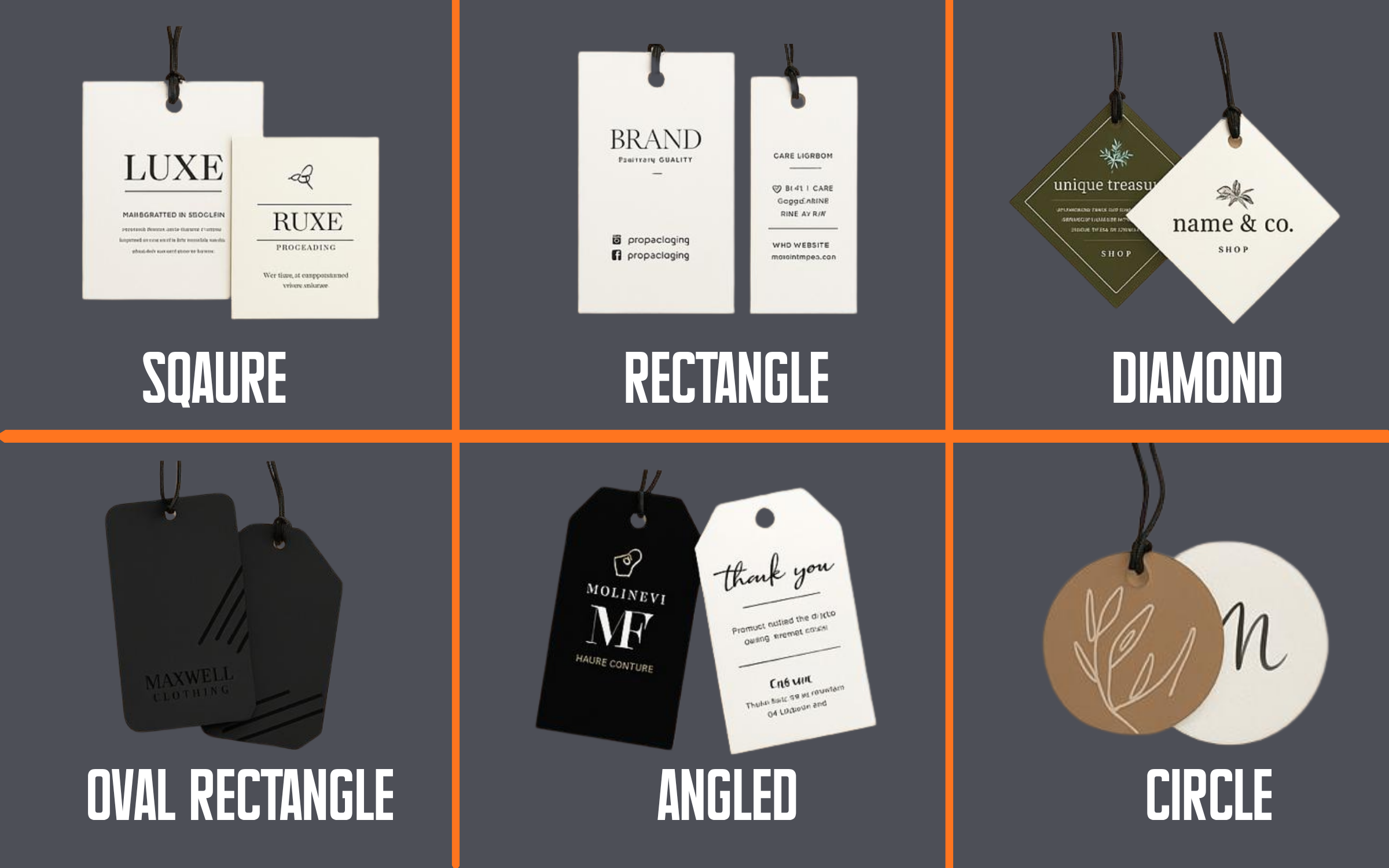 Custom hang tag shapes available — square rectangle diamond oval rectangle angled and circle — Pro Packaging