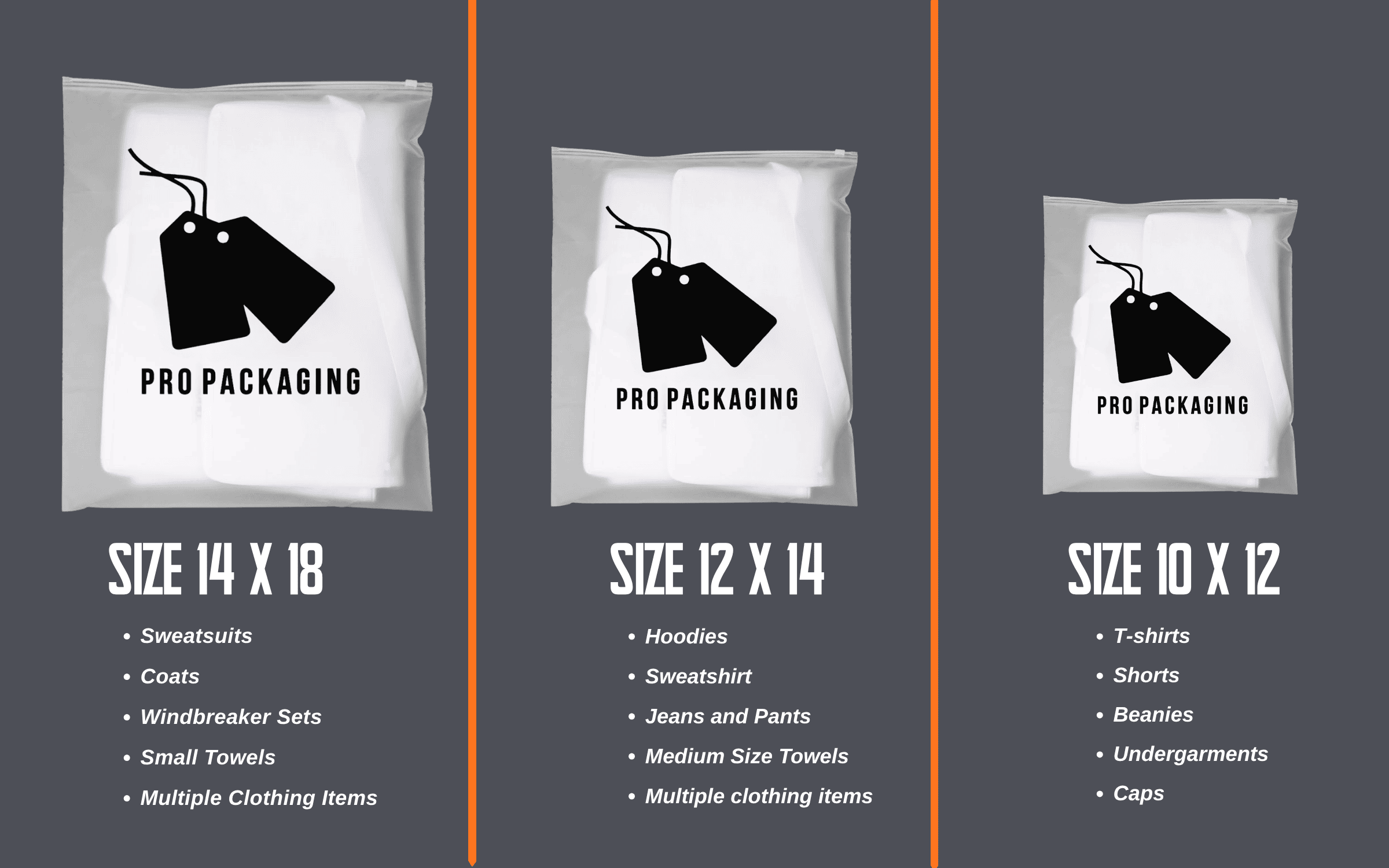Custom zipper bag size guide — 10x12, 12x14 and 14x18 inch sizes for clothing brands — Pro Packaging